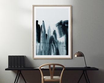 Extra grote abstracte indigo-aquarelkunst aan de muur, blauwe en witte kunstprint, instant download, afdrukbare muurkunst