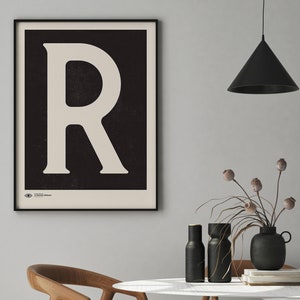 Muurkunst met hoofdletter | Monogram poster kunstafdruk | Letter R | Direct downloaden | Minimalistische kunstafdruk uit het midden van de eeuw | Afdrukbare muurkunst