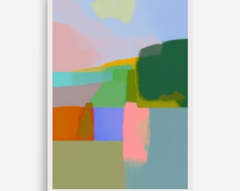 May include: A vertical rectangular art print featuring an abstract landscape composition. The image displays blocks of color including light blue, soft pink, vibrant green, deep forest green, orange, lavender, and muted olive green tones.