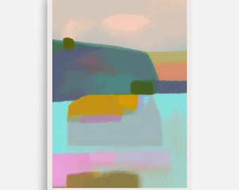 May include: A vertical digital art print featuring an abstract landscape with layered horizontal bands of color. The composition includes soft pink, teal, deep blue, mustard yellow, olive green, and light blue hues with a textured, painterly finish.
