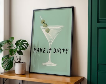 Impresión artística de Dirty Martini / Decoración de carrito de bar / Póster de arte de cócteles / Pintura de regalo de mixología / Letrero de alcohol para barra / Póster de bebida retro de acuarela