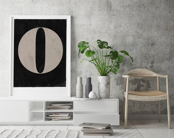 Arte murale di grandi dimensioni, stampa artistica di poster monogramma vintage, numero 0, download immediato, stampa artistica minimalista di metà secolo, arte murale stampabile