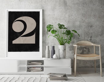 Arte murale di grandi dimensioni, stampa artistica di poster monogramma vintage, numero 2, download immediato, stampa artistica minimalista di metà secolo, arte murale stampabile