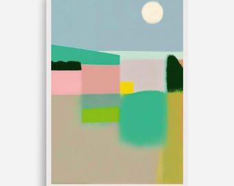 May include: A rectangular art print featuring an abstract landscape with a pale blue sky and a white circular sun. The composition includes blocks of pink, teal, lime green, dark green, and beige, arranged in a layered, geometric, and soft-edged design.