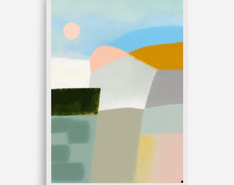 May include: An abstract art print featuring layered geometric shapes in a palette of light blue, peach, mustard yellow, sage green, dark olive, and white. The composition displays textured color blocks arranged to suggest a landscape scene.