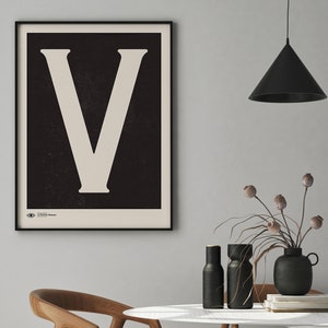 Muurkunst met hoofdletter | Monogram poster kunstafdruk | Letter V | Direct downloaden | Minimalistische kunstafdruk uit het midden van de eeuw | Afdrukbare muurkunst