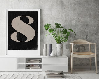 Arte murale di grandi dimensioni, stampa artistica di poster monogramma vintage, numero 8, download immediato, stampa artistica minimalista di metà secolo, arte murale stampabile