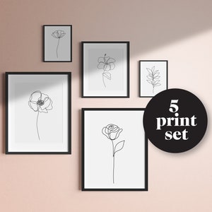 Conjunto de 5 impressões digitais de arte de linha de flores | Arte de parede em preto e branco | Pôster minimalista | Rosa | Tulipa | Impressões de natureza nórdica