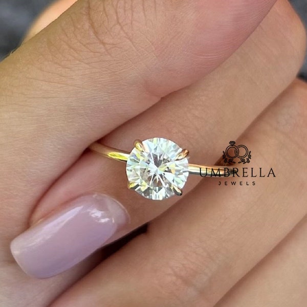 Anillo de compromiso de moissanita de talla redonda de 2 quilates, diamante con halo oculto, banda delgada Anillo de compromiso con halo oculto de banda de 14K/18K de 1,5 mm,