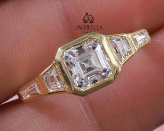 Asscher Cut Moissanite Engagement Ring, 14K Gold Bezel Set Vintage Art Deco Five Stone Wedding Ring, Geometric Unique Bridal Ring