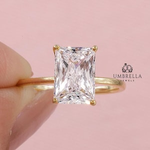 Radiant Cut Moissanite Engagement Ring, Hidden Halo Engagement Ring, Radiant Cut Solitaire, Solid Gold Radiant Cut, Solitaire Proposal Ring.