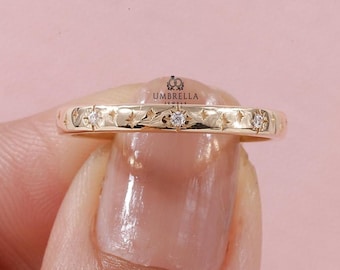 Diamond Starburst Wedding Band, Vintage Star Band, 14K Yellow Gold Band, Starburst Engraved Ring, Celestial Wedding Band, Minimalist band.