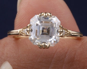 3.35 CT Asscher Cut Moissanite Engagement Ring, 14k Yellow Gold Ring, Asscher Cut Wedding Ring, Unique Women Ring