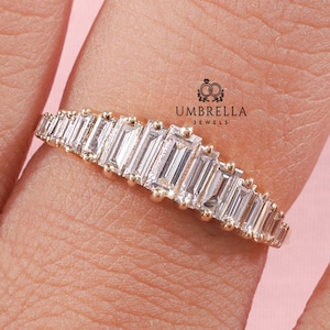 Baguette Cut Diamond Tiara Graduating Ring, Diamond Nesting Wedding Band, 14K Yellow Gold Ring, Stackable Handmade Ring, Gift For Woman.