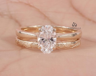 14K Solid Gold Ring Set, Oval Engagement Ring Set, 5x8MM Delicate Oval Solitaire Ring, With Plain Gold Wedding Band Bridal Set, Promise Ring