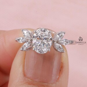 Oval Moissanite engagement ring vintage white gold Unique engagement ring woman Marquise cut Cluster diamond ring Bridal Anniversary gift