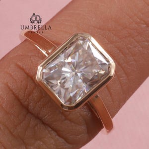 Radiant cut moissanite Bezel set engagement ring, 14k yellow gold ring radiant solitaire ring, handmade ring, promise solitaire ring for her