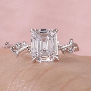 Emerald cut Lab Grown Diamond nature inspired branch leaf twist ring Twig Ring Vintage White gold ArtDeco Leaf Curved Wedding ring for women