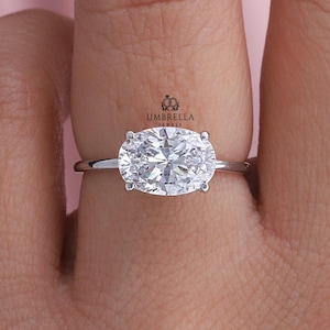 East to West Oval Cut Engagement Ring, Lab Grown Solitaire Diamond Ring, 14k White Gold Ring, Handmade Stackable Ring, Promise Ring For Her.