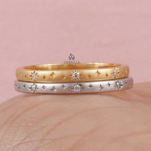 Matt Finish Vintage Diamond Starburst Eternity Band Minimalist Comfort Fit Flat Band, Minimal Star Pave Band 14k Gold Celestial Wedding Band
