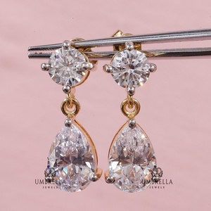 Pear Shape & Round Cut Moissanite Earrings in 14k solid gold, Pear Cut Moissanite Dangle And Drop push back Back Earring Gift for Women