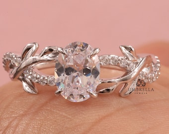 Oval Moissanit Verlobungsring Vintage Blatt Design Massivgold Brautring Pave Twist Hochzeitsring Einzigartiger Jahrestag Versprechen Ring Für sie