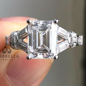 2.5 CT Emerald Cut Colorless Moissanite Ring, Three Stone Engagement Ring, Side Tapered Baguette Moissanite, Claw Prongs, Anniversary Gift image 1