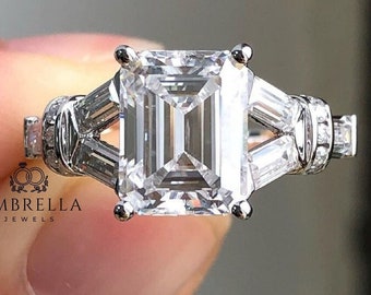 2.5 CT Emerald Cut Colorless Moissanite Ring, Three Stone Engagement Ring, Side Tapered Baguette Moissanite, Claw Prongs, Anniversary Gift