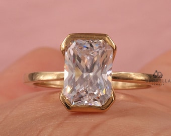 2.5CT Half Bezel Radiant Cut Moissanite Engagement Ring Bezel engagement ring Radiant cut moissanite ring Modern Art deco ring Mother's Gift