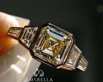 Fede nuziale in moissanite con taglio Asscher da 2 ct, castone incastonato con pietre laterali baguette, regalo perfetto per fidanzamento o anniversario per le donne