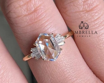 Unique 2.00 CT Hexagon Rose Cut Colorless Moissanite Engagement Ring, Side Tapper Baguette Wedding Ring, Anniversary Gift Ring For Women