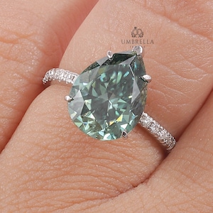 Cyan Blue Green Pear Shaped Engagement ring, 14k white gold ring, half eternity ring, Tear Drop Moissanite Ring, Stackable ring,Gift For Her
