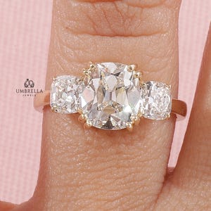 Old Mine Cushion Cut Moissanite Ring, Vintage Style Three Stone Engagement Ring, 14k Solid Gold Ring, Wedding Ring, Anniversary Gift For Her