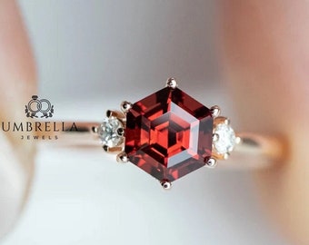 1 Carat Red  Hexagon Ring, Three Stone Ring, Engagement Ring, 10K Yellow Gold Hexagon Ring, Trilogy Ring For Women, Wedding Ring