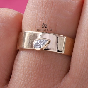Bezel Set Pear Shaped Moissanite Wide Band Ring, Tear drop Solitaire Band, 14K Yellow Gold Band, Statement Thick Band, Stack Band For Her.