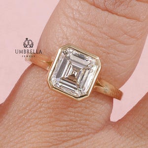 Bezel Set Asscher Cut Solitaire Moissanite Engagement Ring / 14K Gold Dainty Moissanite Ring / Asscher Cut Solitaire Promise Ring for Women.