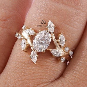 Nature-Inspired Oval Engagement Ring, Marquise Moissanite Branch Leaf Design Ring,14K Yellow Gold Bridal Ring, Art Deco Ring, Gift For Her.