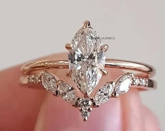 14K Rose Gold 1.5 CT Marquise Moissanite Engagement Ring, Wedding Ring Set, Marquise Cut Anniversary Ring Gift, Promise Ring Set