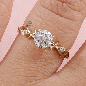 1 CT Round diamond twig engagement ring, Nature-inspired Ring, branch ring, 14k Yellow Gold Ring, Art Deco Ring, Anniversary Gift For woman.