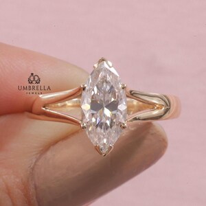 2 CT Marquise Cut Moissanite Engagement Ring, 14K Yellow Gold Split Shank Low Profile Solitaire Wedding Ring, Anniversary Ring for Her