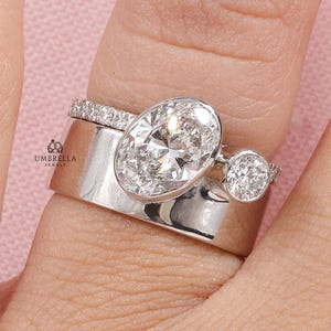 Bezel Set Oval and Round Moissanite Toi Et Moi  Wide Wedding Band With Pave Set Eternity Band, 14K Thick Wedding Ring Set, Anniversary Gift