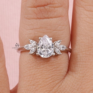 Pear shaped Moissanite engagement ring, Marquise cut Cluster ring, 14k White gold Ring, Stackable Ring, Anniversary Gift, Ring For Woman.