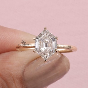 Elongated Hexagon Step Cut Diamond Ring, Solitaire Engagement Ring, 14k Yellow Gold Ring, Anniversary Gift, Ring for Women, Hand Made Ring.