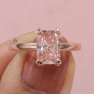 Vivid Pink Radiant Cut Diamond Engagement Ring. Lab-grown Diamond Solitaire Ring, 14k Rose Gold Stackable Ring, Anniversary Gift  For Woman.