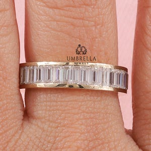 Baguette Cut moissanite Channel Set Wedding Band, 14k Yellow Gold Band, Half Eternity Stackable Band , wide wedding band, Anniversary Gift.