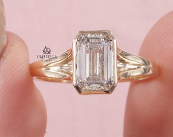 IGI Certified Emerald Cut Lab Grown Diamond Engagement Ring, Bezel Set Split Shank Solitaire Ring, 14K Gold Wedding Ring, Anniversary Gift