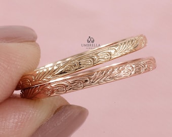 Minimalist Wedding Band Romance in the Garden Solid 14K Yellow Gold Floral Patterned Ring Gold Wedding Ring Woman Wedding Band Vintage Band