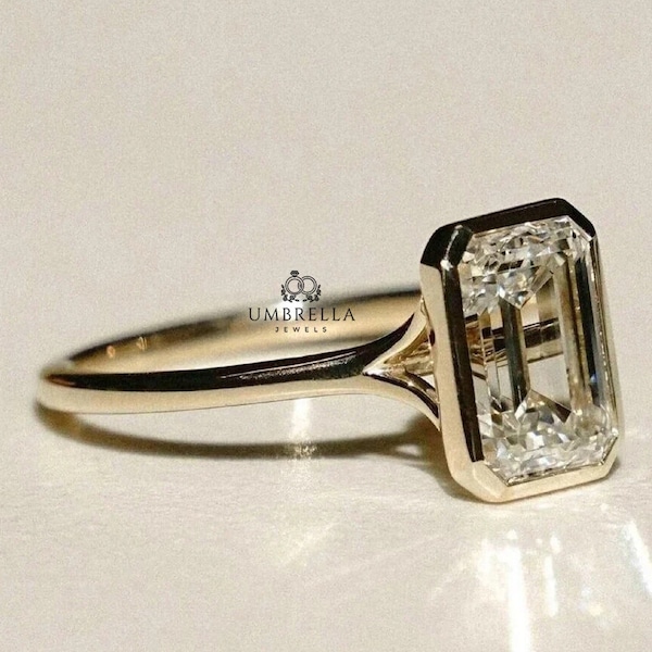 Emerald Cut Moissanite Bezel Set Solitaire Ring, Emerald Cut Solitaire Rings, Bezel Set Wedding Rings, Solitaire Engagement Rings for Women