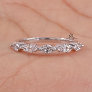 Lab Grown Half Eternity Marquise Wedding Band, 14k White Gold Wedding Band, Lab Created Eternity Band, Stackable Eternity Matching Band.