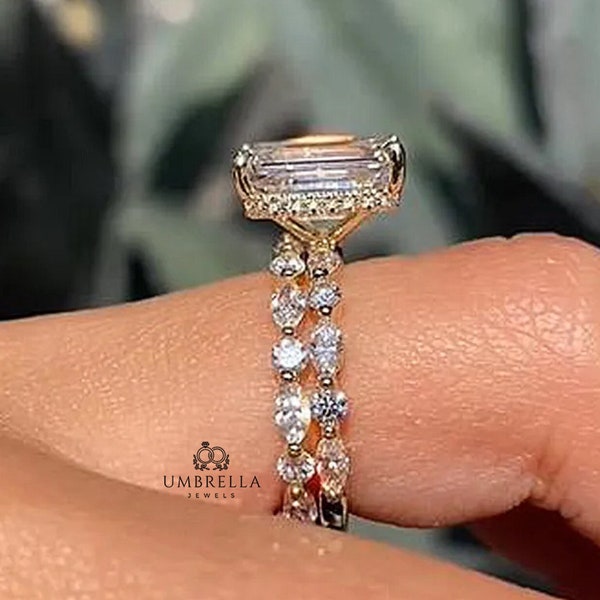 4 CT Unique Radiant Cut Bridal Set Hidden Halo Moissanite Engagement Ring Gift For Her Promise Ring Wedding Ring 14K Solid Gold Ring